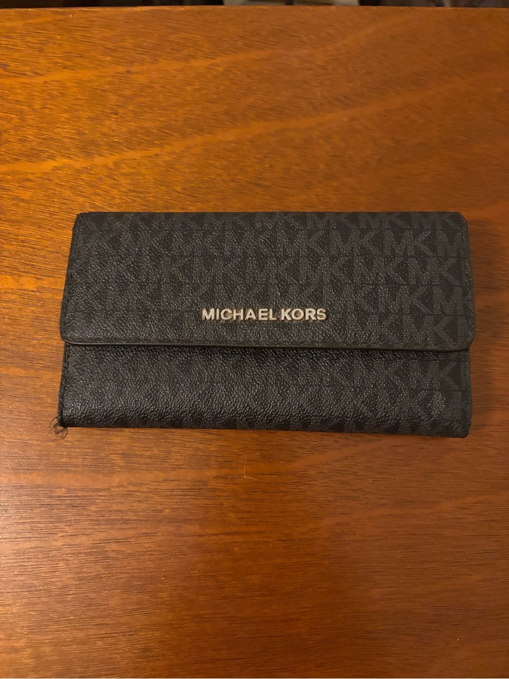 Michael Kors Black Signature MK Foldover Card Wallet with Gold Logo